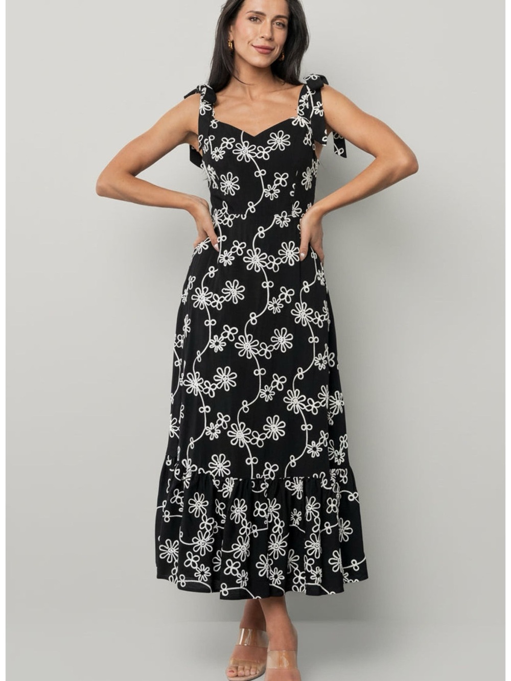 Baltic Born Black and Ivory Floral Tie-Shoulder Maxi